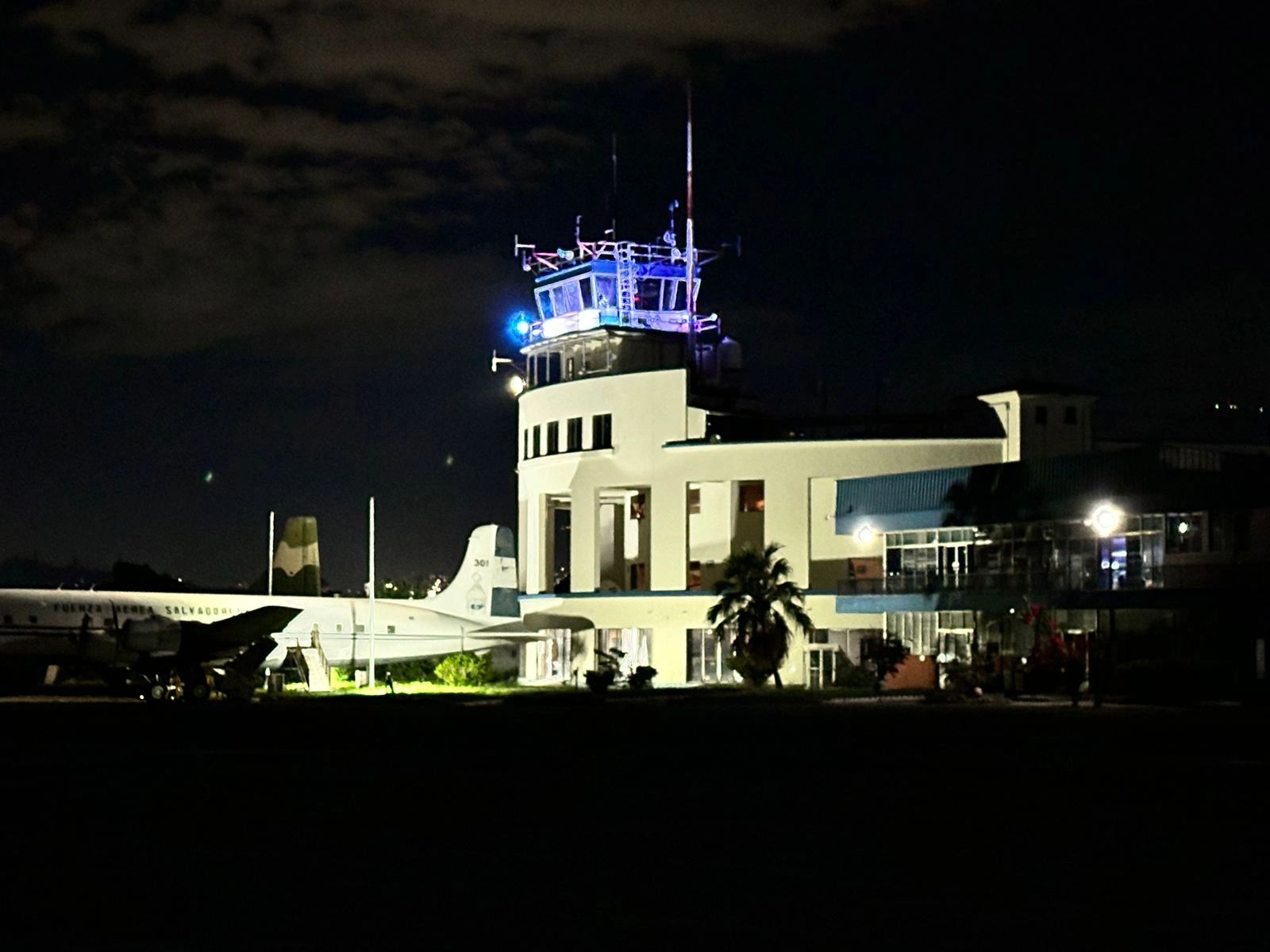 Airport control tower at night